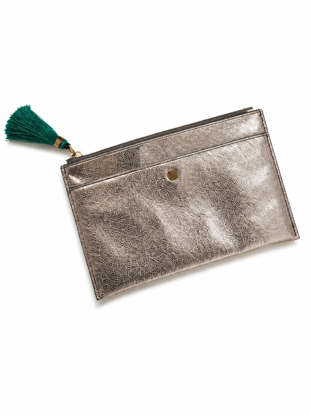 J. Crew Metallic Leather Clutch Champagne Gold Pewter Pouch Tassel Zip 💛